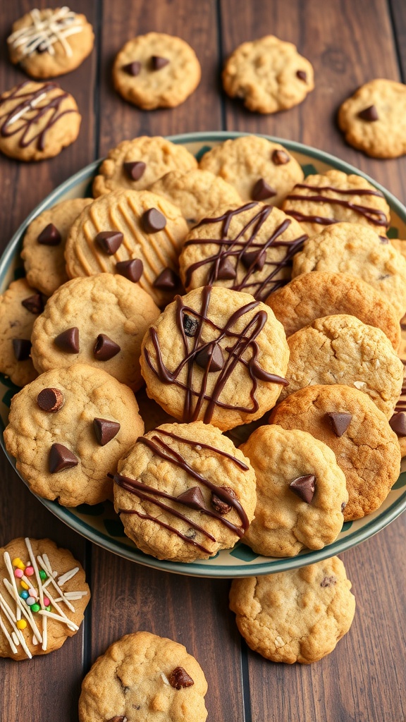 A variety of cookies including chocolate chip, peanut butter, and oatmeal raisin arranged on a decorative platter, ready to be served.